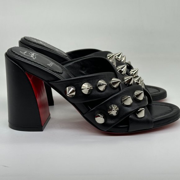 Christian Louboutin SPIKA CLUB Spiked Leather Mule Block Heel Sandals Shoes - Picture 8 of 14